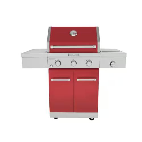 DALLAS LOCATION- NEW! KitchenAid 3-Burner Propane Gas Grill in Red with Ceramic Sear Side Burner