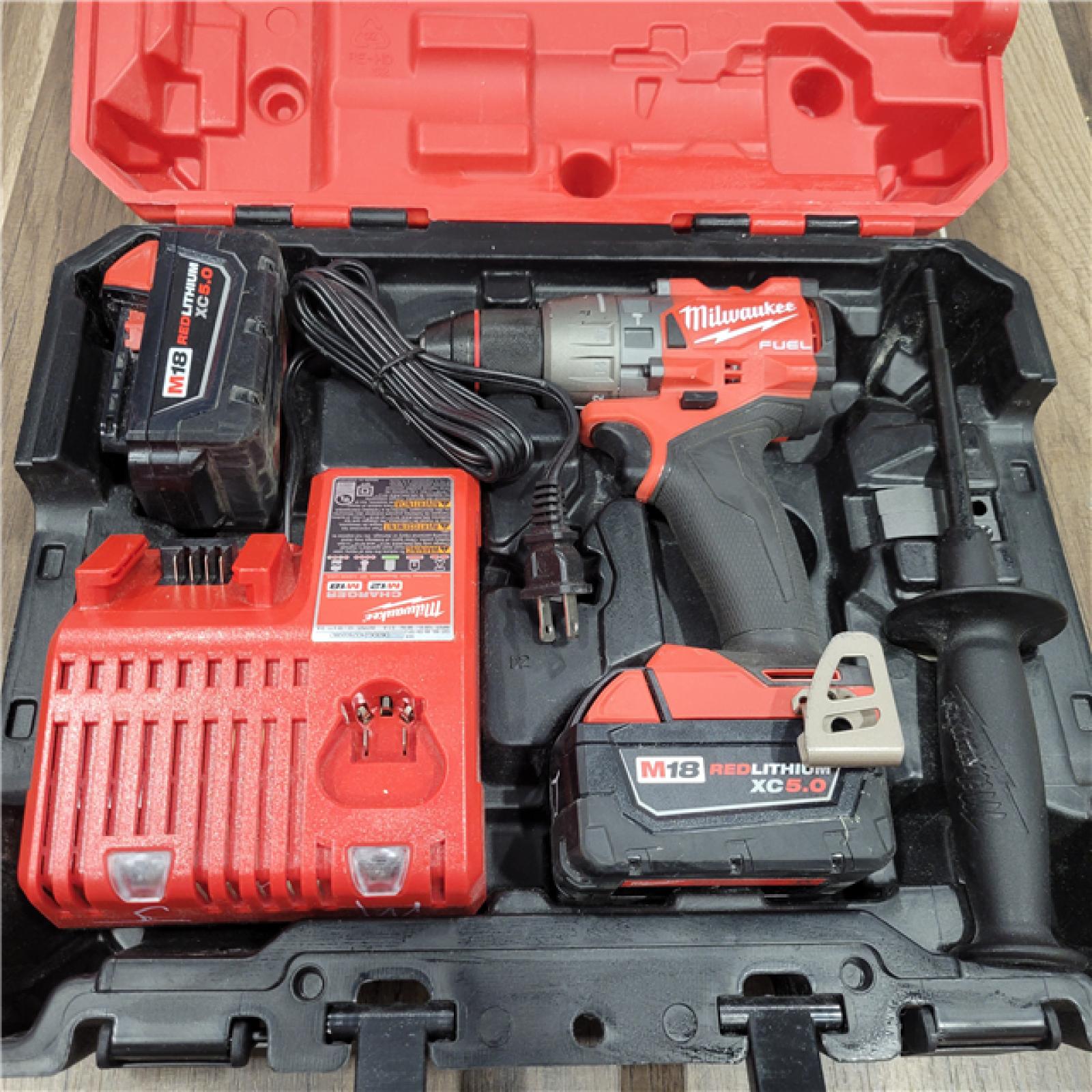 AS-IS Milwaukee 2904-22 Hammer Drill Driver Kit with Batteries  Charger & Tool Case  Red