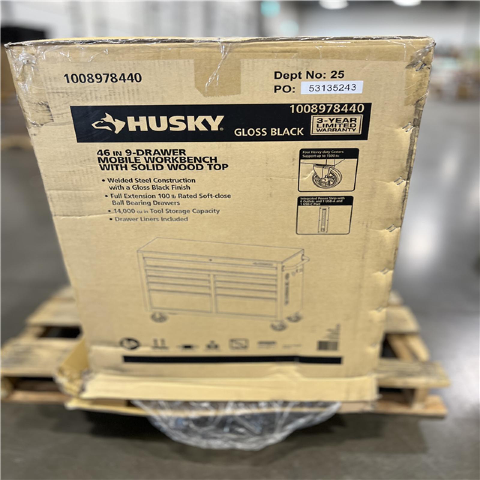 DALLAS LOCATION - Husky Tool Storage 46 in. W x 18 in. D 9-Drawer Mobile Workbench Cabinet in Gloss Black
