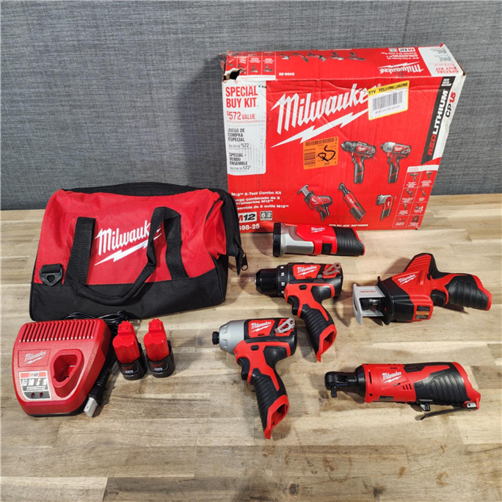 HOUSTON LOCATION - AS-IS (APPEARS LIKE NEW) MILWAUKEE M12 12V Lithium-Ion Cordless Combo Kit (5-Tool) with Two 1.5Ah Batteries, Charger & Tool Bag