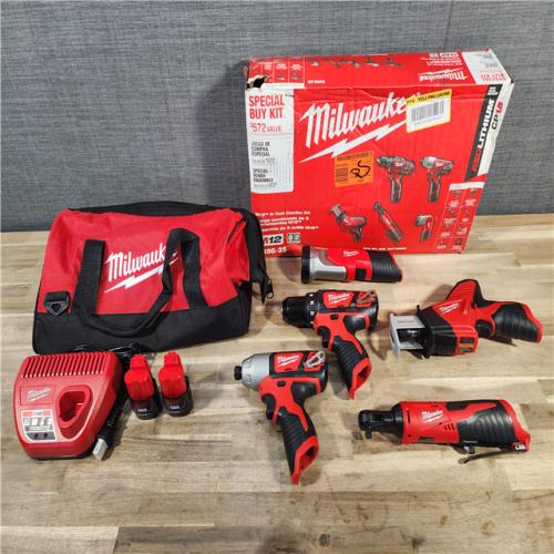 HOUSTON LOCATION - AS-IS (APPEARS LIKE NEW) MILWAUKEE M12 12V Lithium-Ion Cordless Combo Kit (5-Tool) with Two 1.5Ah Batteries, Charger & Tool Bag