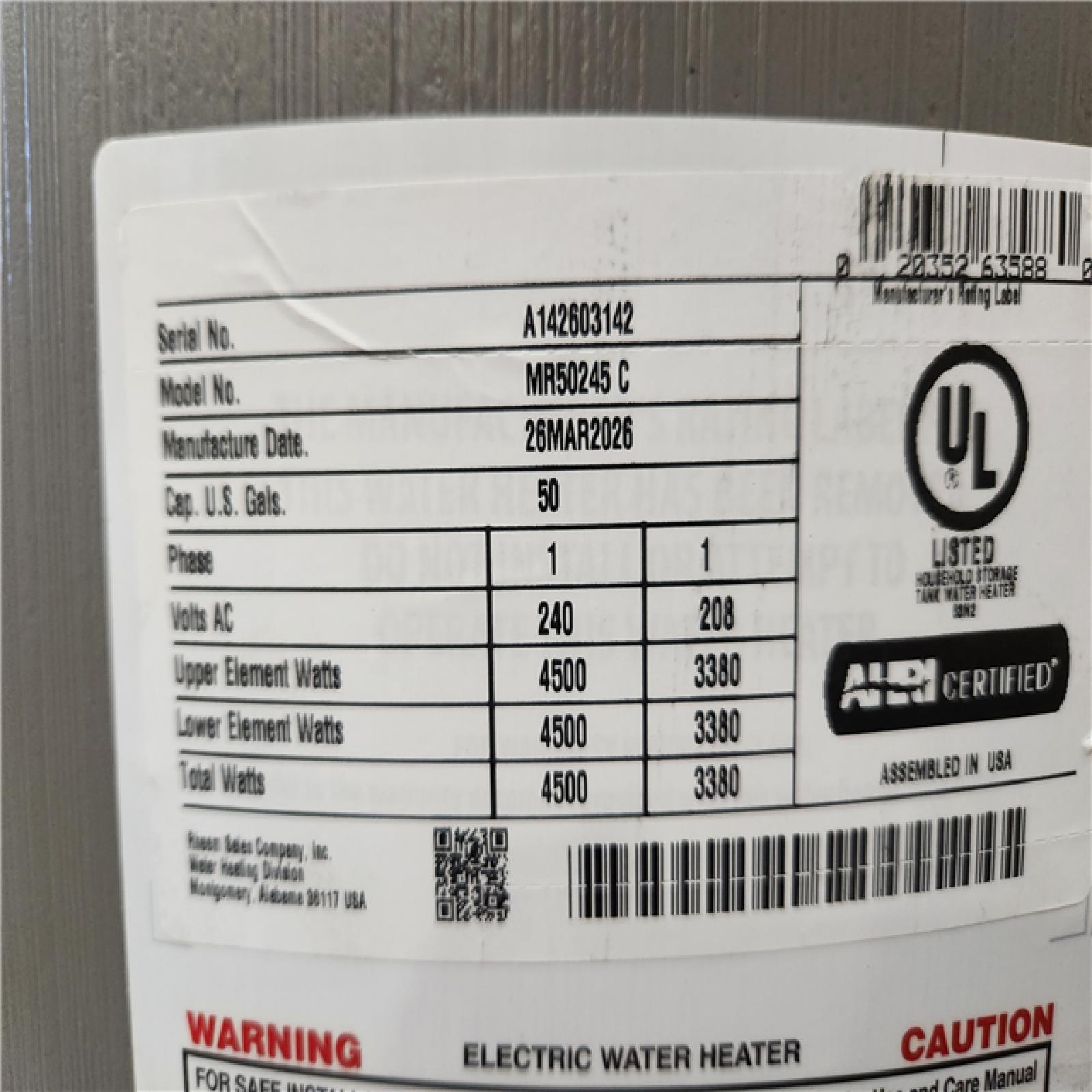 Phoenix Rheem Marathon 50 Gal. Tall 4500-Watt Double Element Non Metallic Electric Water Heater