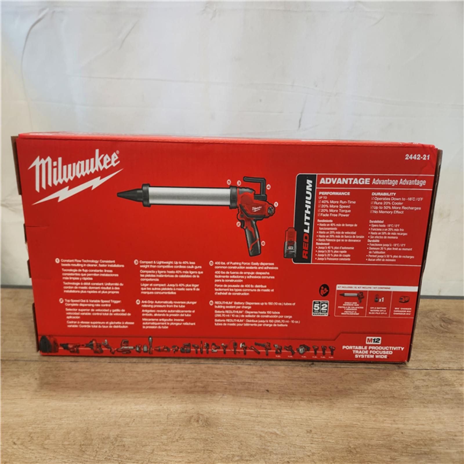 NEW- Milwaukee 12V Lithium-ion Cordless 20 oz. Aluminum Barrel Adhesive and Caulk Gun Kit