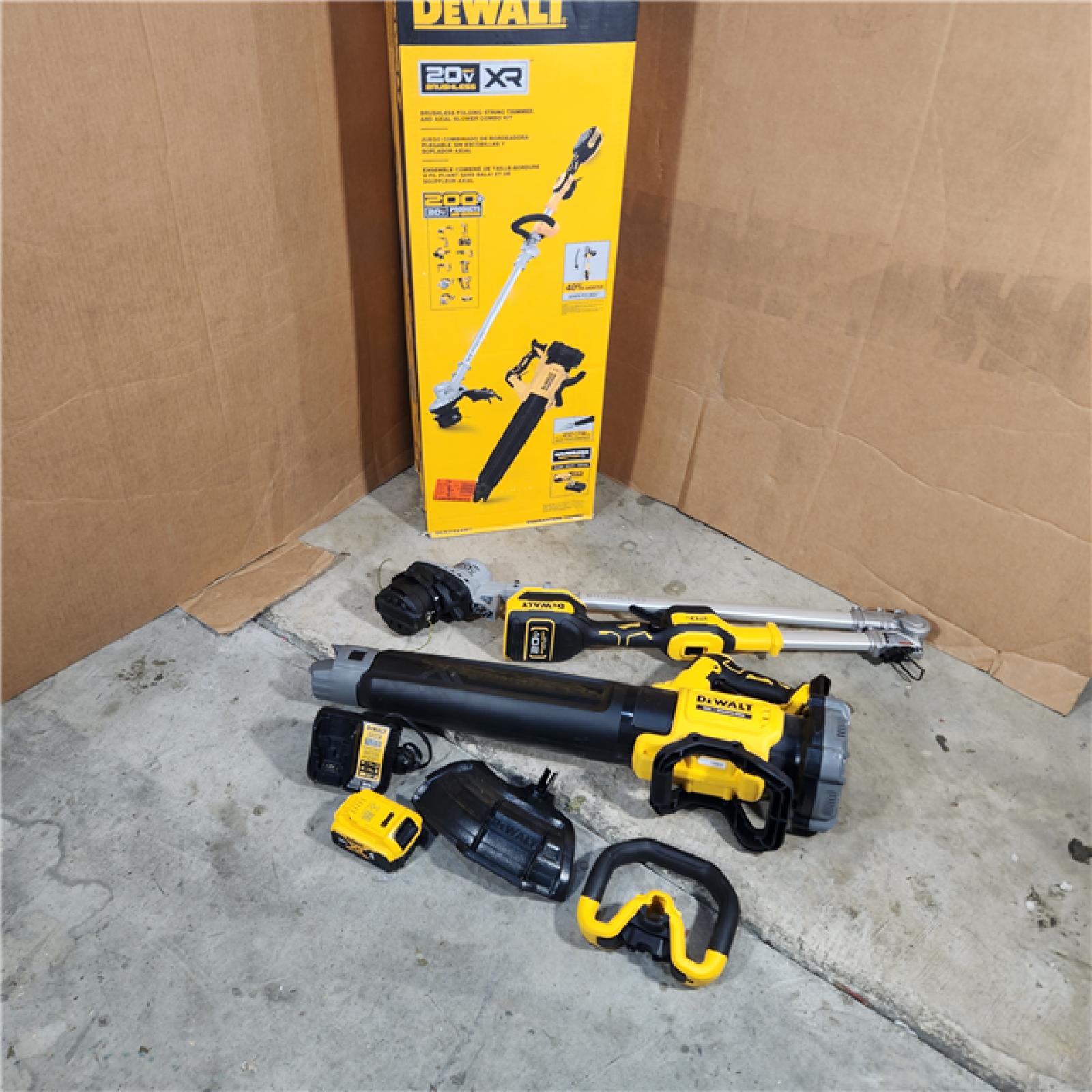 Houston location- AS-IS DEWALT 20V MAX Cordless Battery Powered String Trimmer & Leaf Blower Combo Kit with (1) 4.0 Ah Battery and Charger - Appears IN NEW Condition