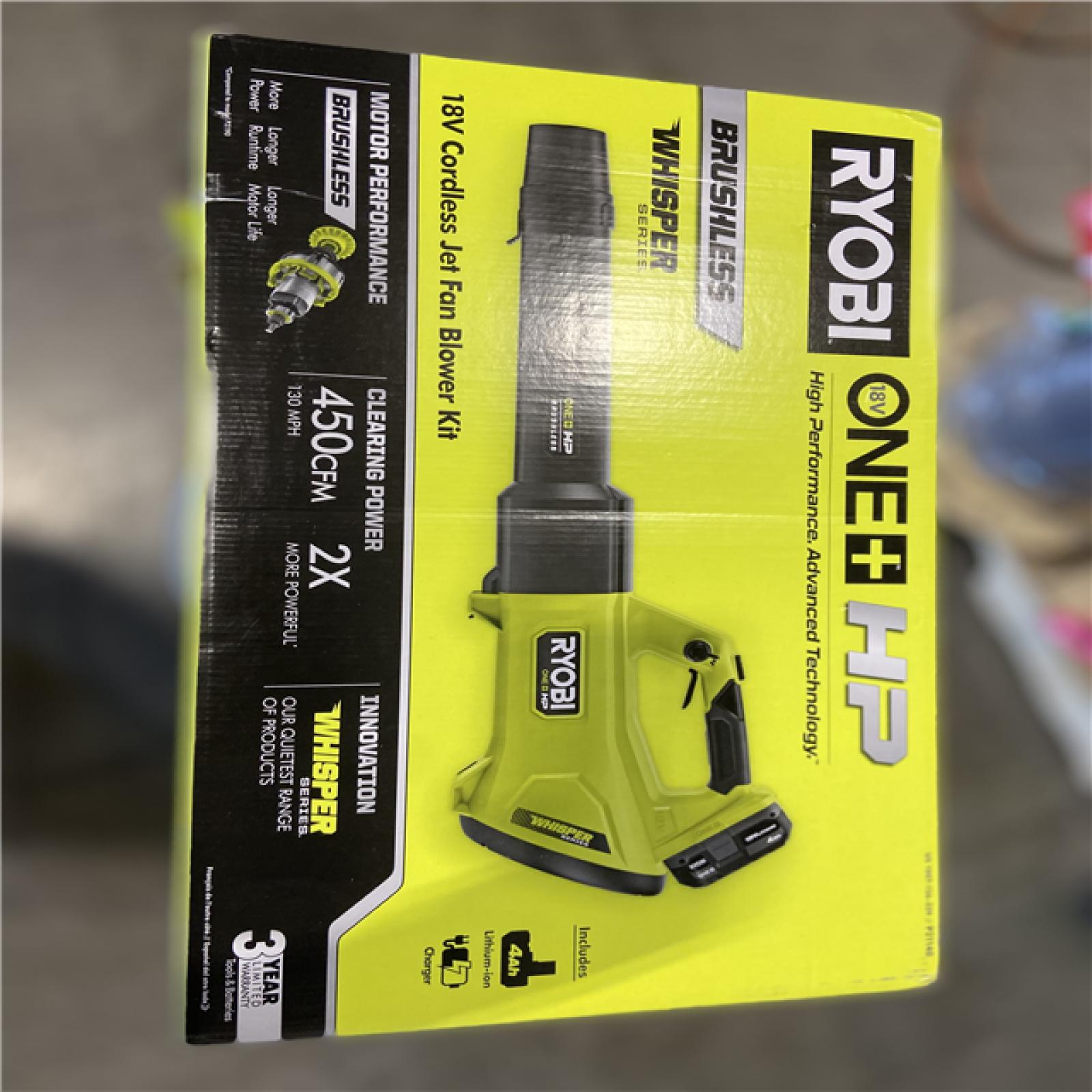 NEW! - RYOBI ONE+ HP 18V Brushless Whisper Series 130 MPH 450 CFM Cordless Battery Leaf Blower