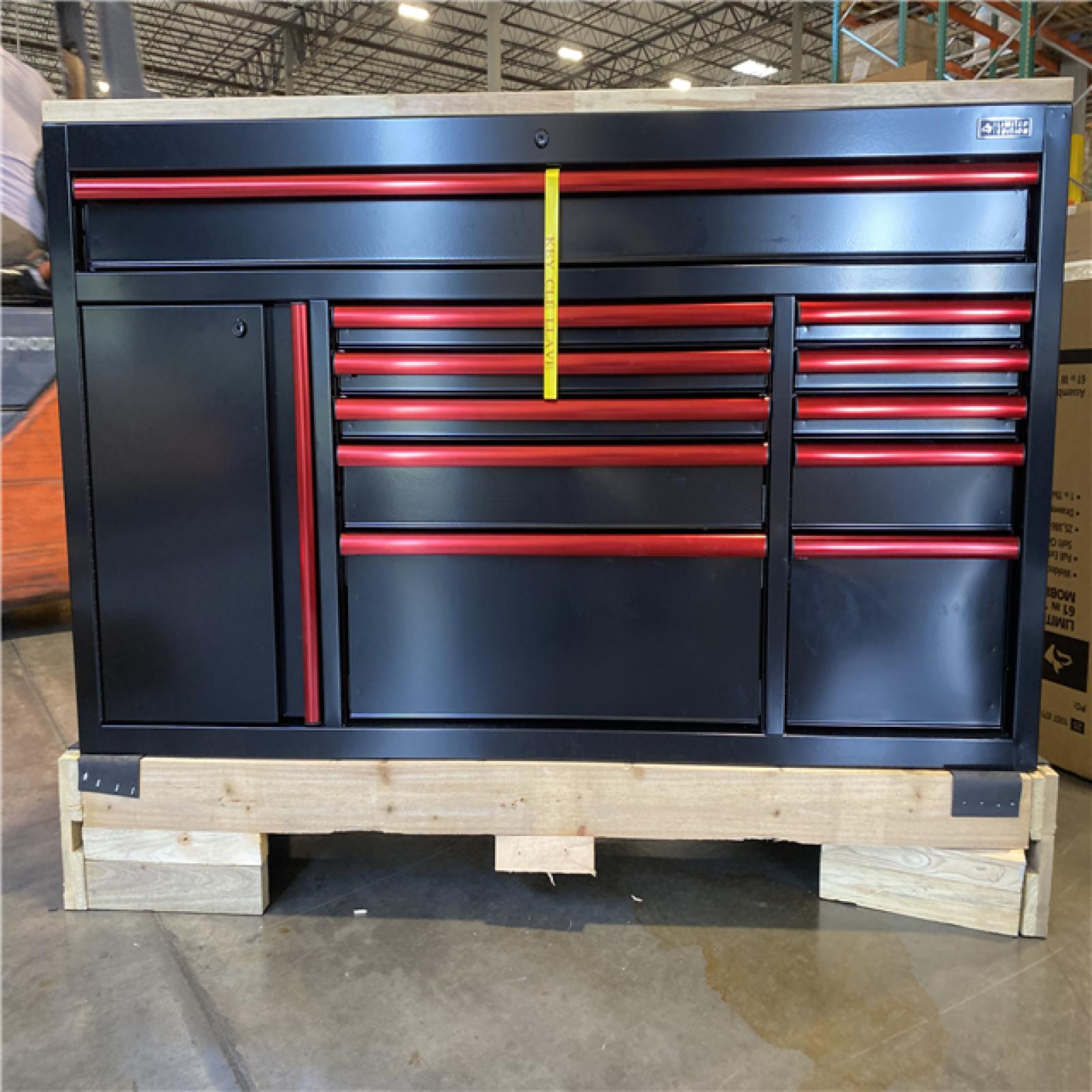 Husky Limited Edition 61 in. W x 23 in. D 11-Drawer Black Mobile Workbench Cabinet with Solid Wood Top and Red Trim