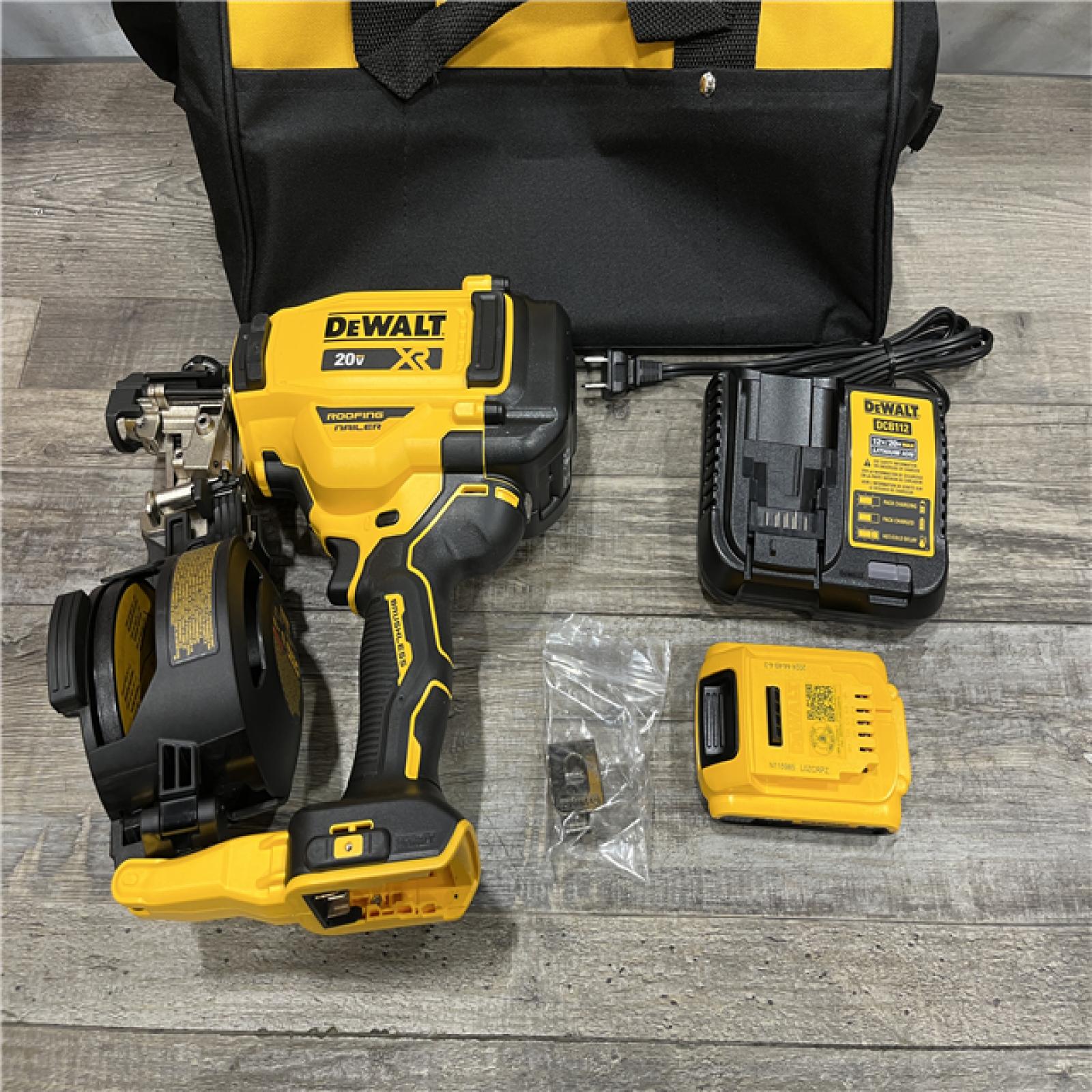 AS-IS DEWALT 20V MAX Lithium-Ion 15-Degree Electric Cordless Roofing Nailer Kit