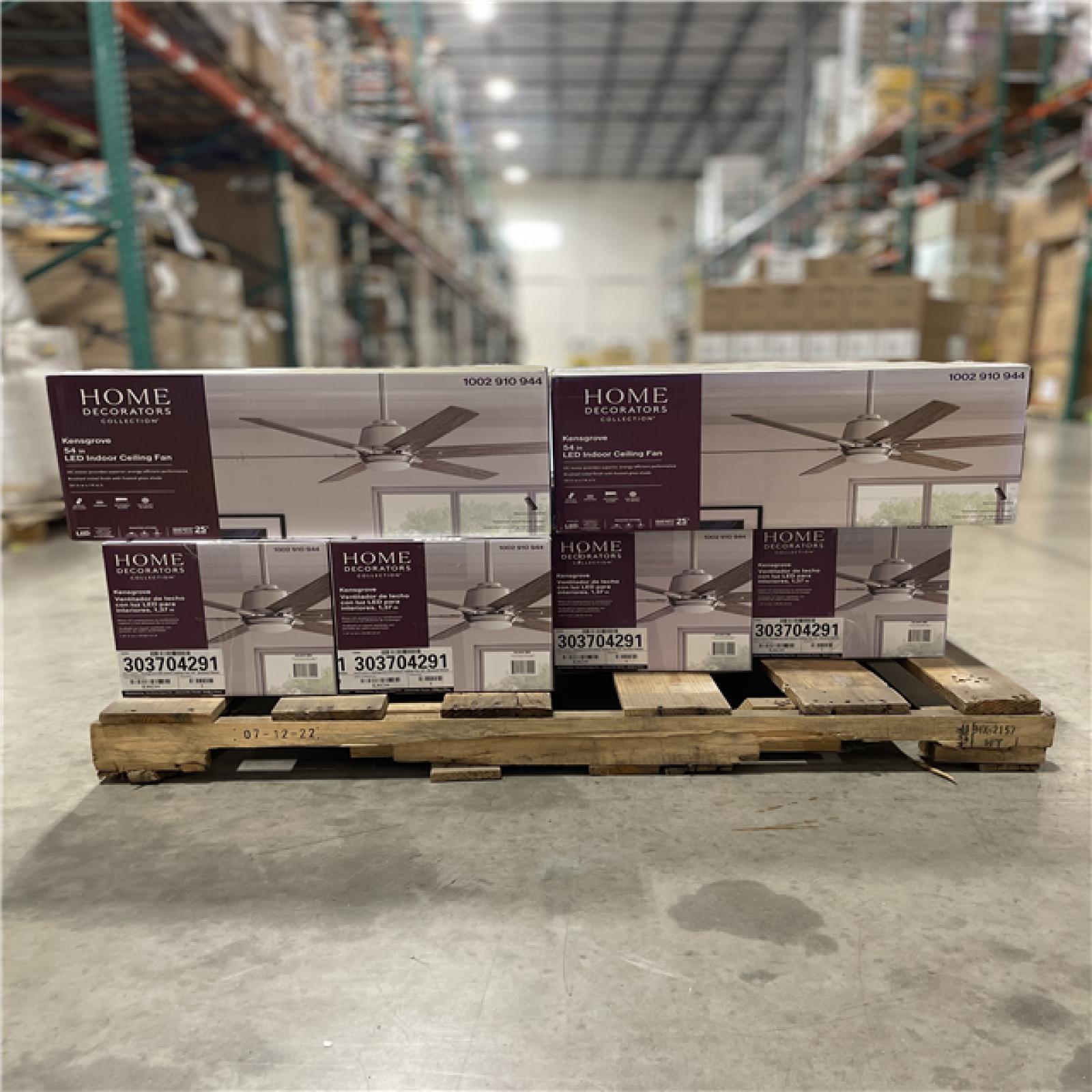 DALLAS LOCATION - Home Decorators Collection Kensgrove 54 in. Integrated LED Indoor Brushed Nickel Ceiling Fan with Light Kit works with Google Assistant and Alexa PALLET- (12 UNITS)