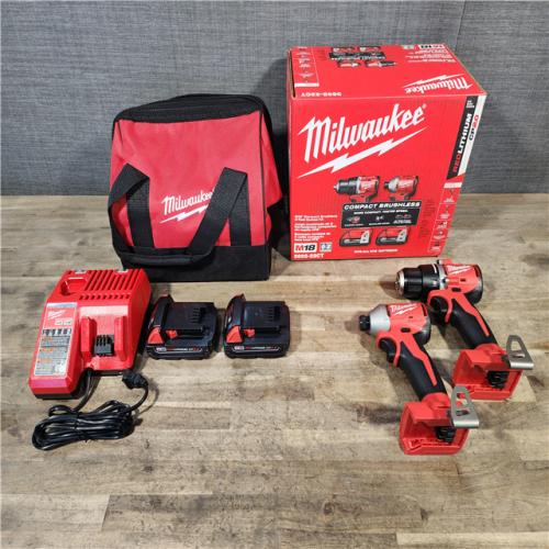 HOUSTON LOCATION - AS-IS Milwaukee M18 18V Lithium-Ion Brushless Cordless Compact Drill/Impact Combo Kit (2-Tool) W/(2) 2.0 Ah Batteries  Charger & Bag