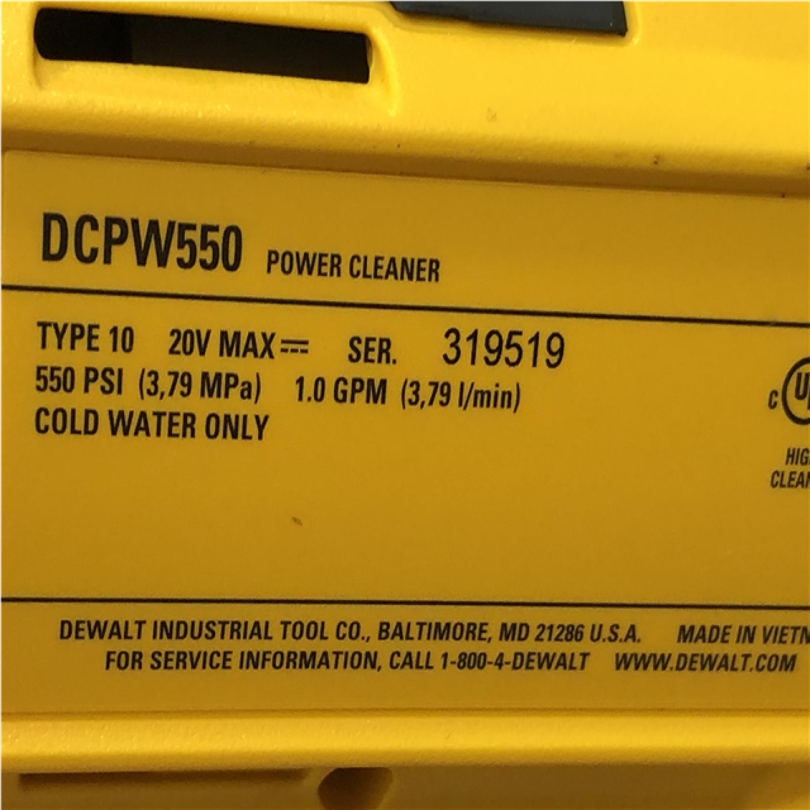 AS-IS DEWALT 20V MAX 550 PSI 1.0 GPM Cold Water Cordless Power Cleaner with 4-Nozzles (Tool Only)