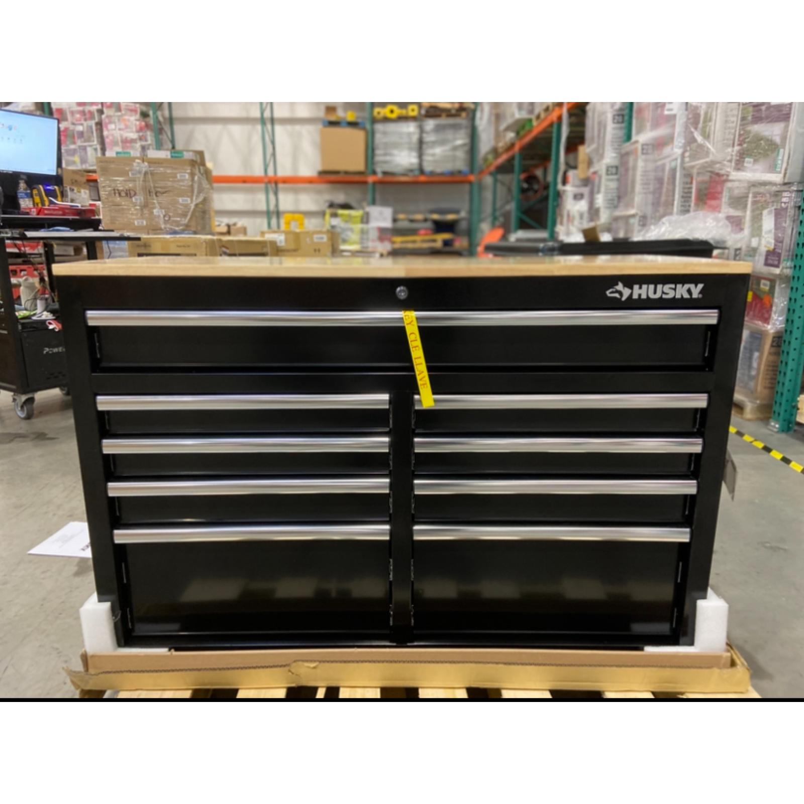 DALLAS LOCATION - Husky Tool Storage 46 in. W x 18 in. D 9-Drawer Mobile Workbench Cabinet in Gloss Black