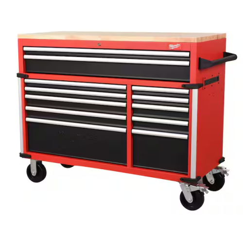 DALLAS LOCATION- AS-IS MILWAUKEE High Capacity 52 in. W x 22.1 in. D 12-Drawer Mobile Workbench Cabinet w/ Wood Top