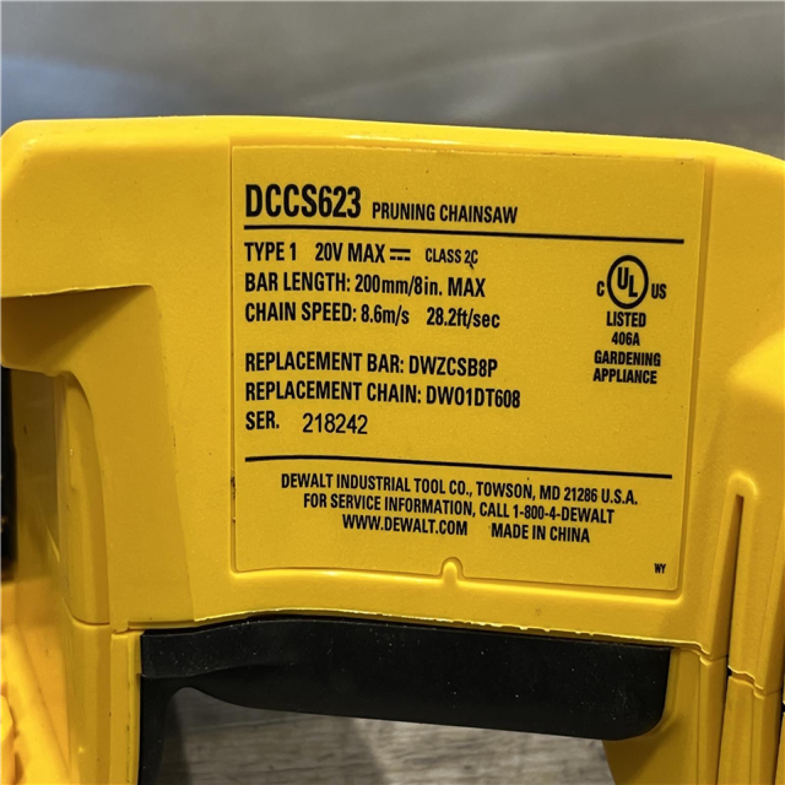 AS-IS DEWALT 20V MAX 8 in. Brushless Cordless Battery Powered Pruning Chainsaw (Tool Only)