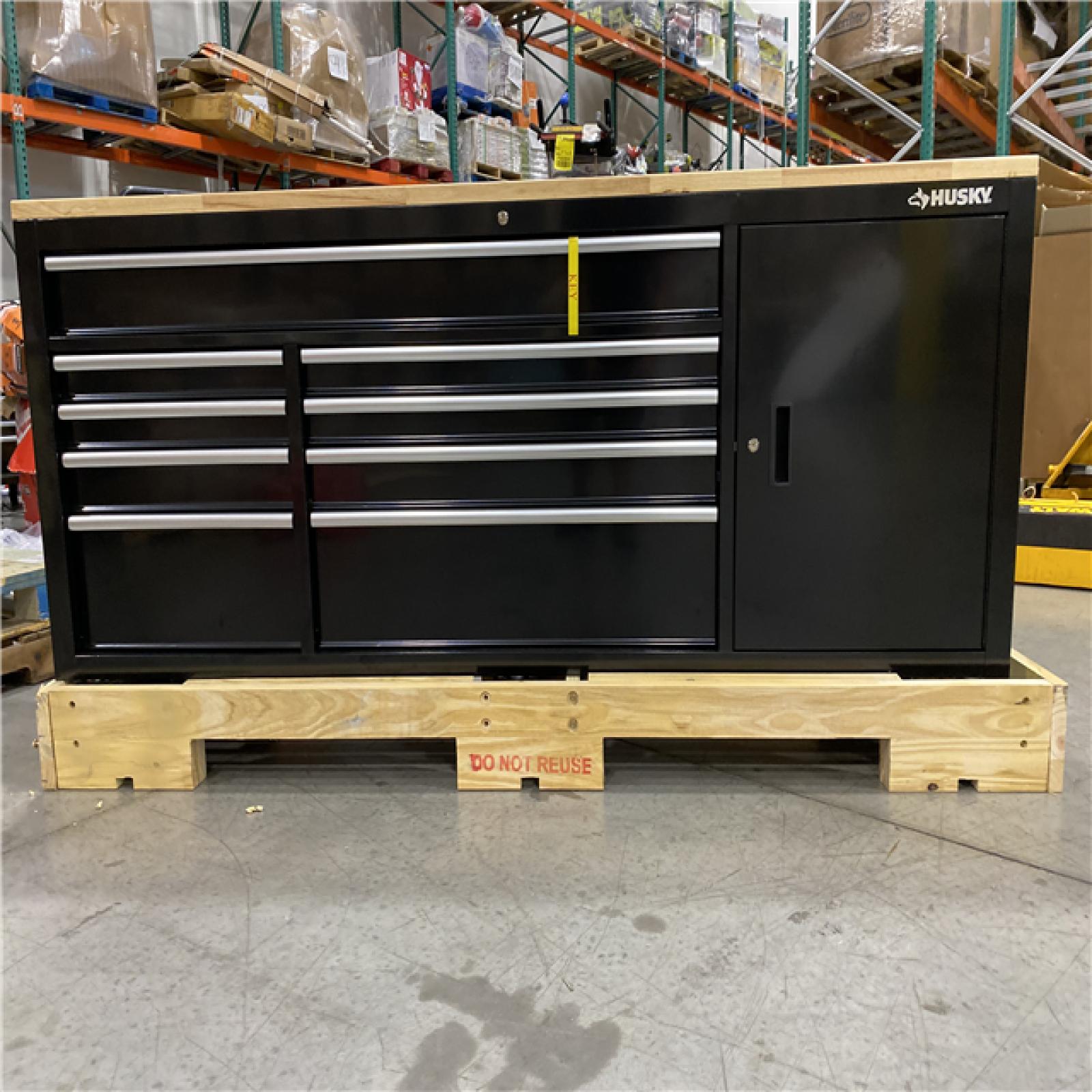Husky 84 in. W x 18 in. D 9-Drawer Mobile Workbench with Wood Top in Gloss Black