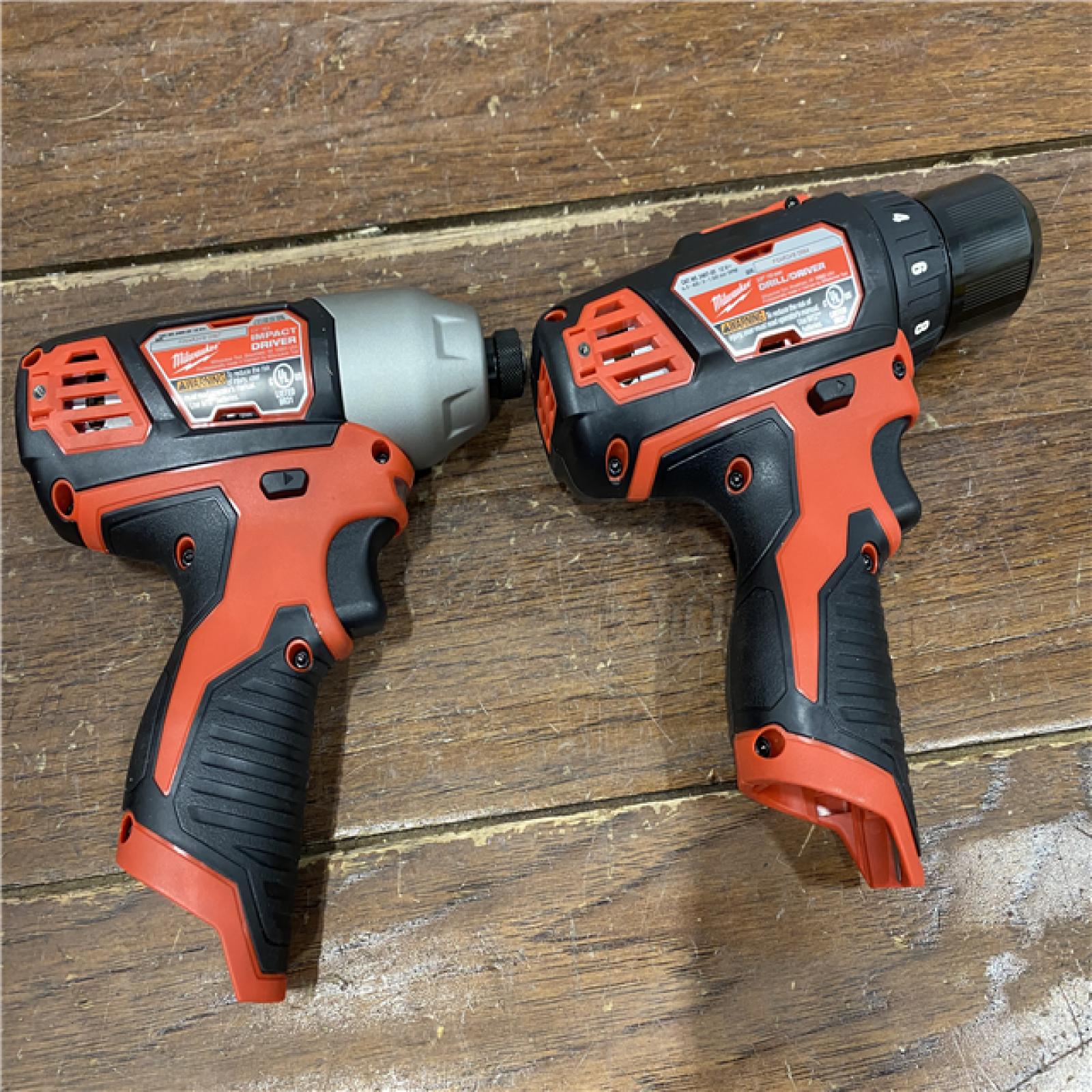 AS-IS Milwaukee 2494-22 M12 Cordless Combination 3/8  Drill / Driver and 1/4  Hex Impact Driver Dual Power Tool Kit (2 Lithium Ion Batteries  Charger  and B