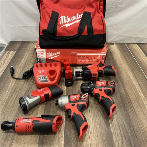 AS-IS MILWAUKEE M12 12V Lithium-Ion Cordless Combo Kit (5-Tool) with Two 1.5Ah Batteries, Charger & Tool Bag