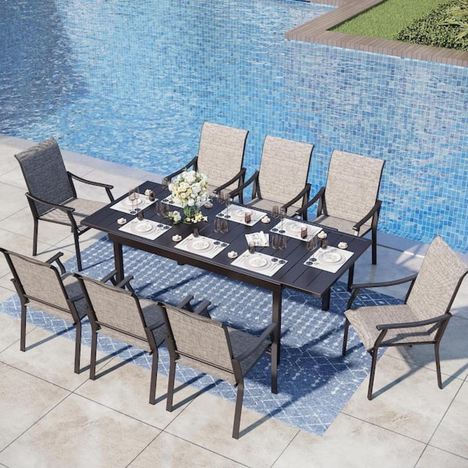 Phoenix NEW Black 9-Piece Metal Expandable Table Patio Outdoor Dining Set with Textilene Chairs