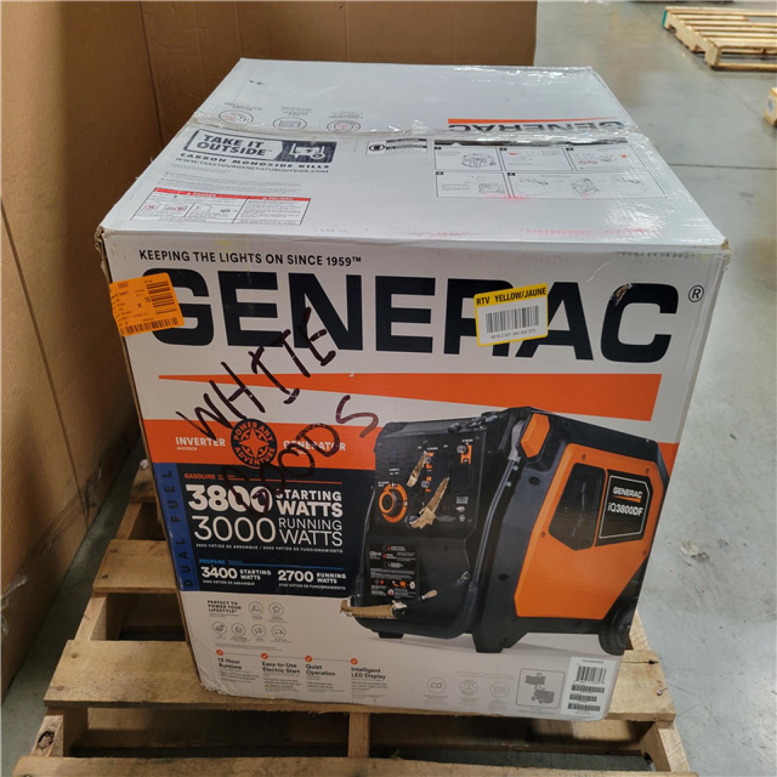 CALIFORNIA NEW GENERAC 3800/3000-WATT DUAL FUEL INVERTER GENERATOR  FULLY ENCLOSED CASE