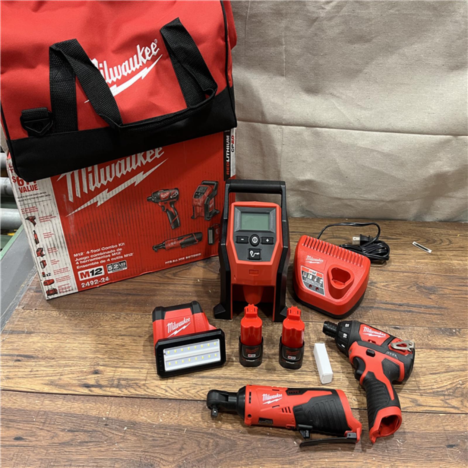 AS-IS M12 Cordless Power Tool Combo Kit, 4-Tool Set, 12V Lithium-Ion, 2.0Ah Batteries, Charger, Tool Bag