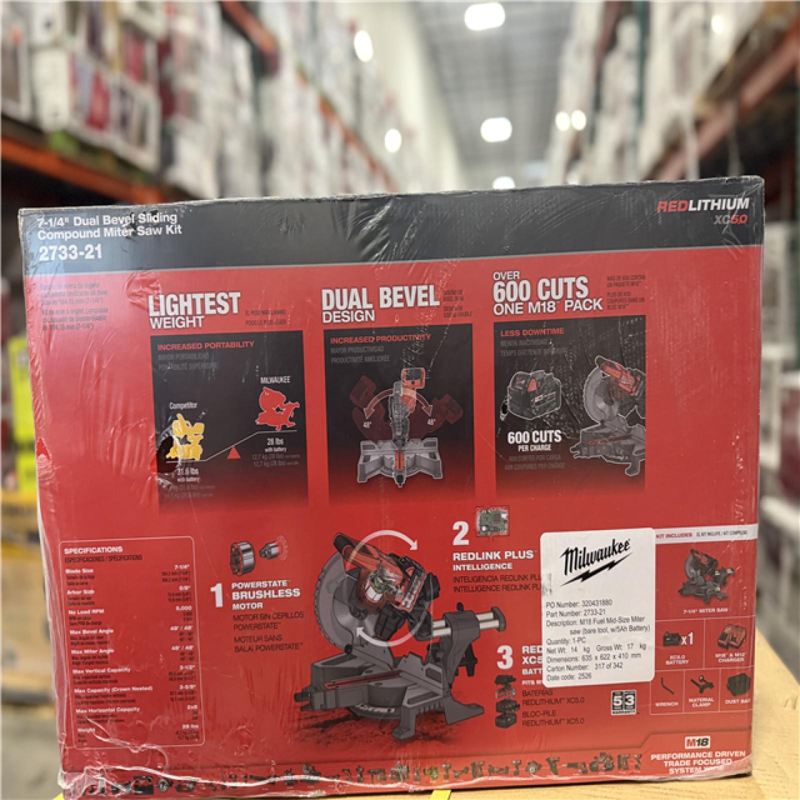 DALLAS LOCATION -Milwaukee M18 FUEL 18V Lithium-Ion Brushless Cordless 7-1/4 in. Dual Bevel Sliding Compound Miter Saw Kit w/One 5.0Ah Battery