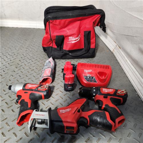 HOUSTON Location-AS-IS-Milwaukee 2497-24H 4 Tool Combo Kit M12 Li-Ion Cordless W/ 2 Batteries APPEARS IN NEW Condition
