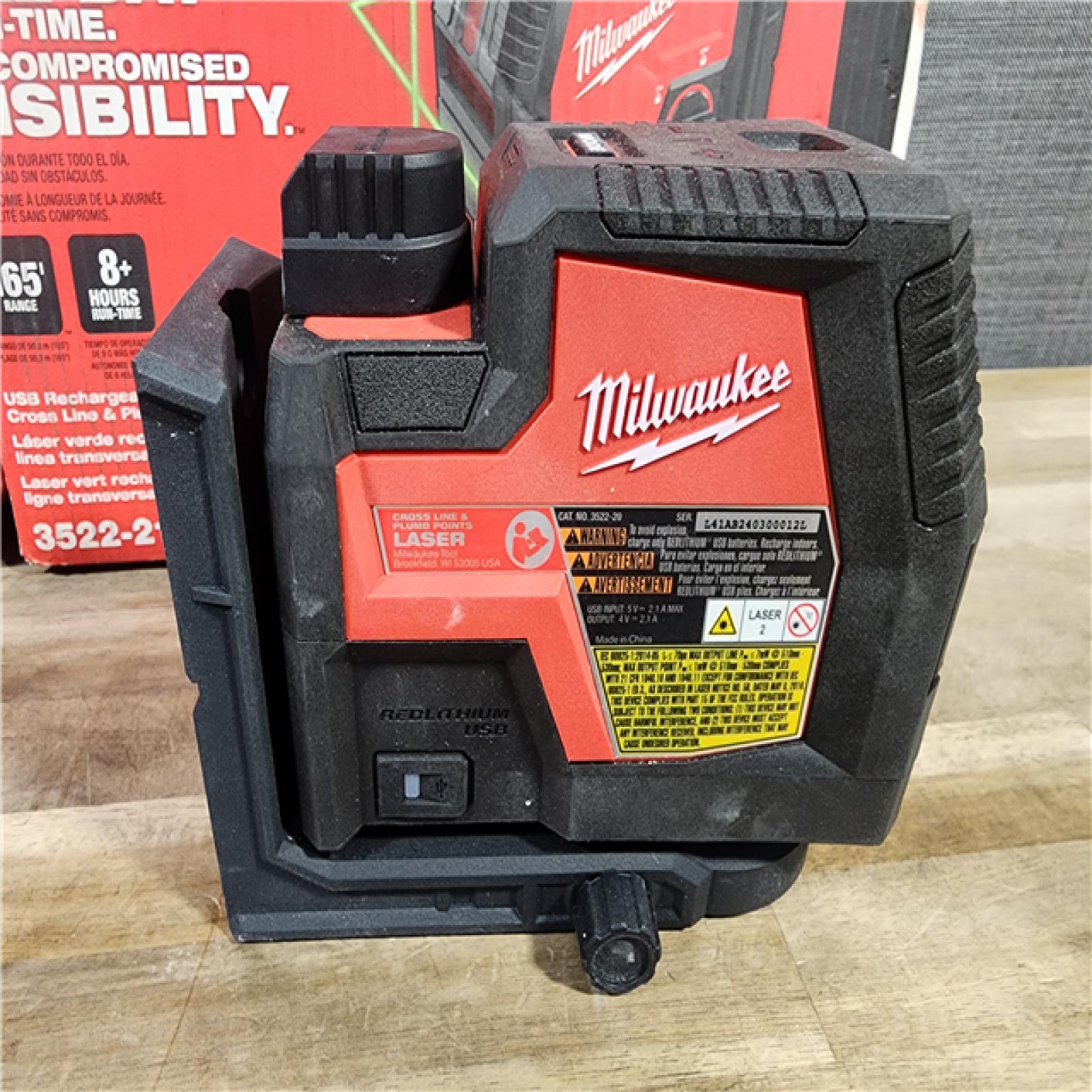 HOUSTON LOCATION - AS-IS Milwaukee-3522-21 Green Beam Laser Cross Line Plumb Point USB Rechargeable