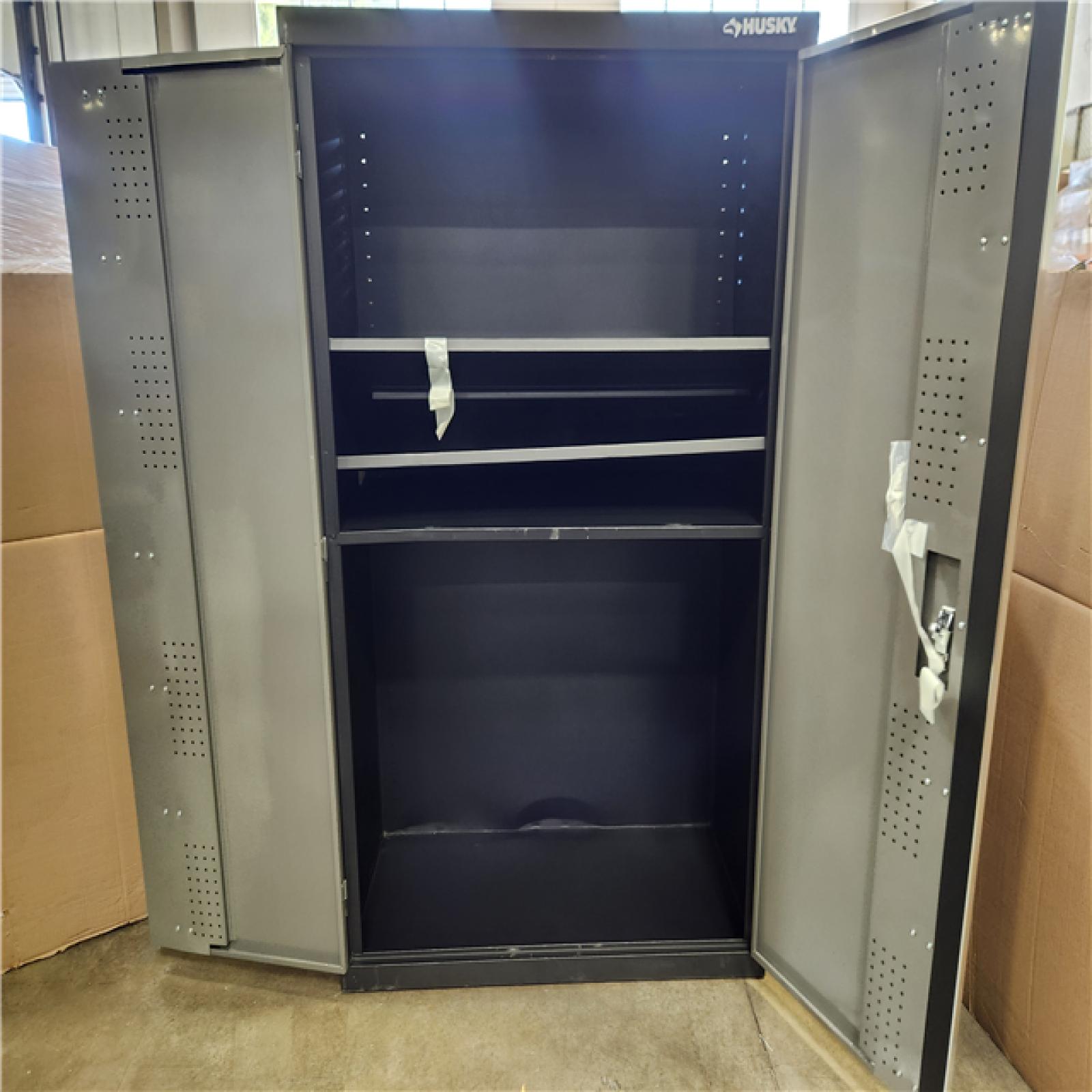 Phoenix AS-IS Husky Regular Duty 46 in. W x 72 in. H x 24 in. D 4-Shelf 22-Gauge Steel Freestanding Garage Storage Cabinet in Black and Gray
