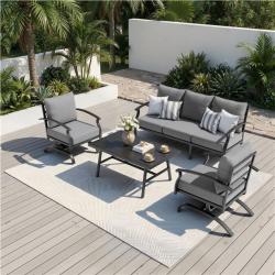 Phoenix NEW Halmuz 5-Seat Outdoor Iron Conversation Sofa Set with Rectangular Coffee Table, a 3-Seat Sofa, 2 Single Sofas and Gray Cushions