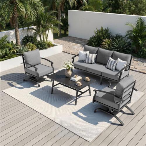 Phoenix NEW Halmuz 5-Seat Outdoor Iron Conversation Sofa Set with Rectangular Coffee Table, a 3-Seat Sofa, 2 Single Sofas and Gray Cushions
