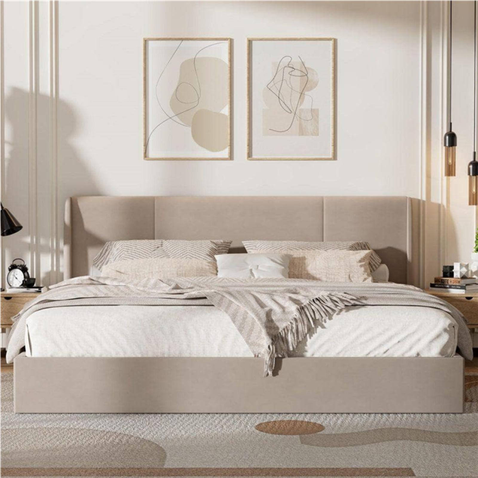 Phoenix AS-IS Ahokua Greige Beige Frame King Size Wingback Upholstered Platform Bed with Lift-Up Storage Supported by Metal and Wooden Slats