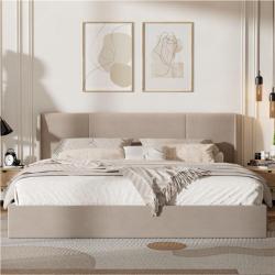 Phoenix AS-IS Ahokua Greige Beige Frame King Size Wingback Upholstered Platform Bed with Lift-Up Storage Supported by Metal and Wooden Slats