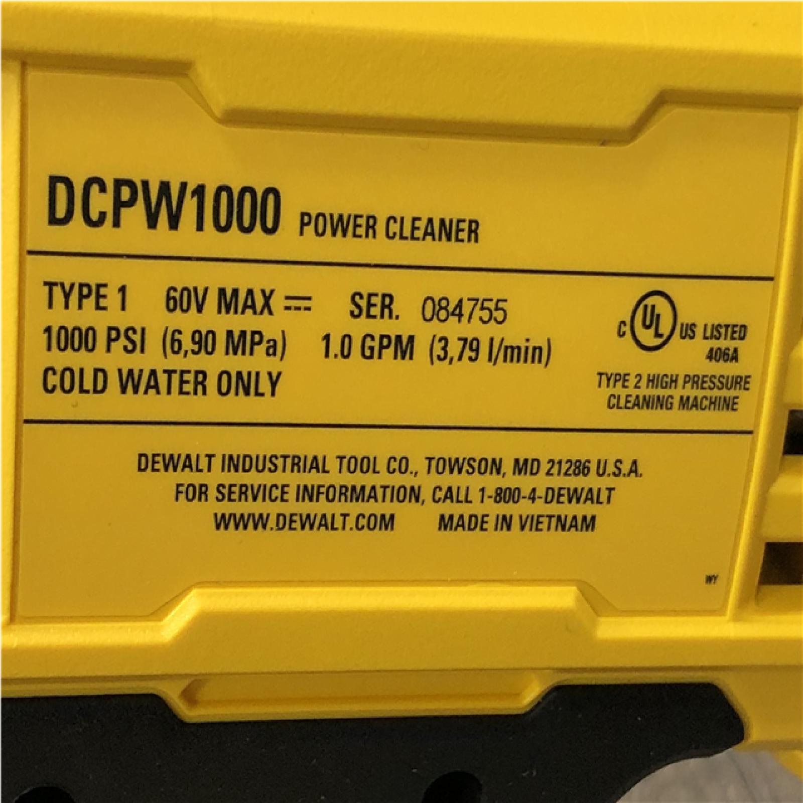 AS-IS DEWALT FLEXVOLT 60V MAX 1000 PSI 1.0 GPM Cold Water Cordless Power Cleaner (Tool Only)