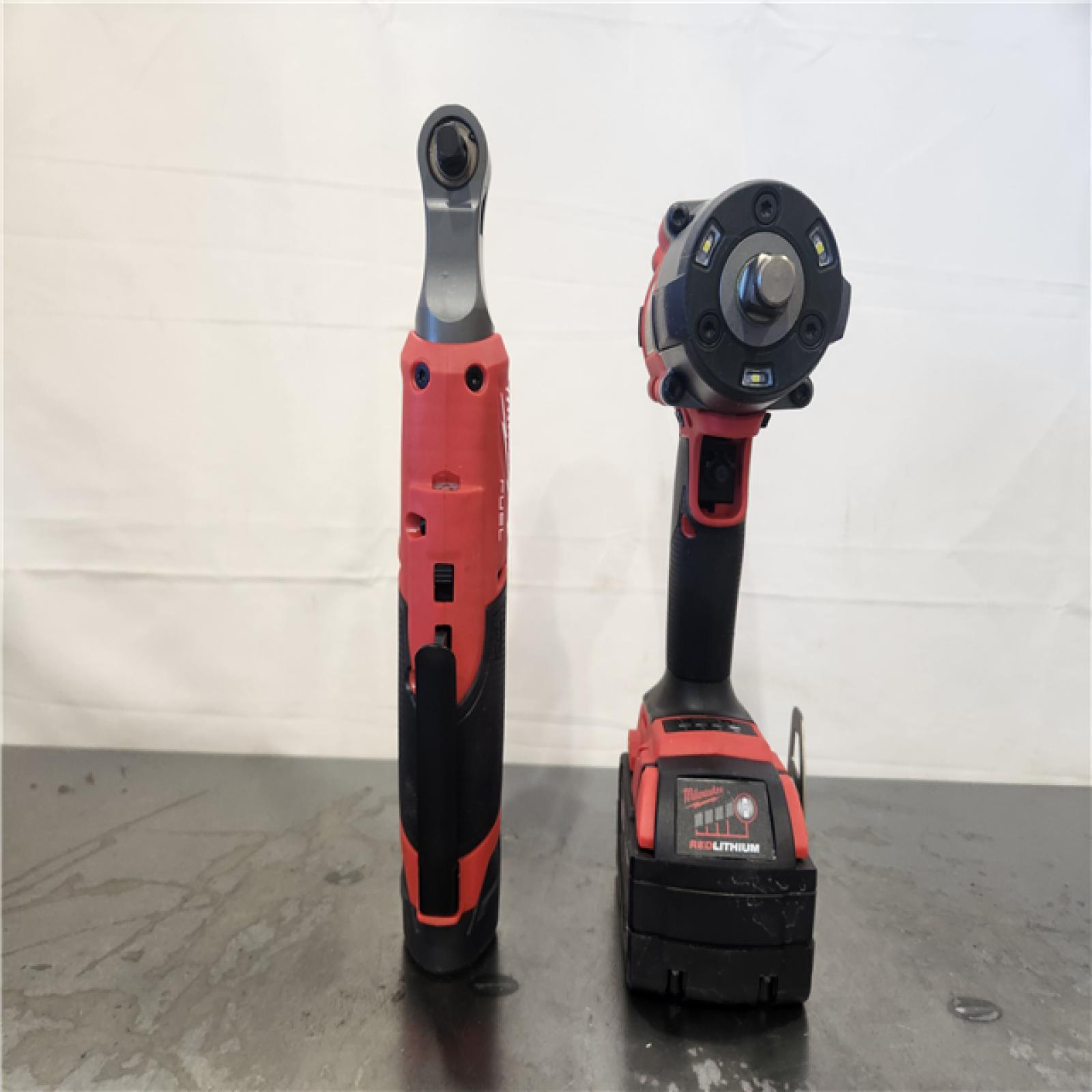 AS-IS- Milwaukee FUEL 18V Cordless Mid Torque 1/2 in. Impact Wrench w/ M12 FUEL 3/8 in. Ratchet & Battery/Charger Combo Kit
