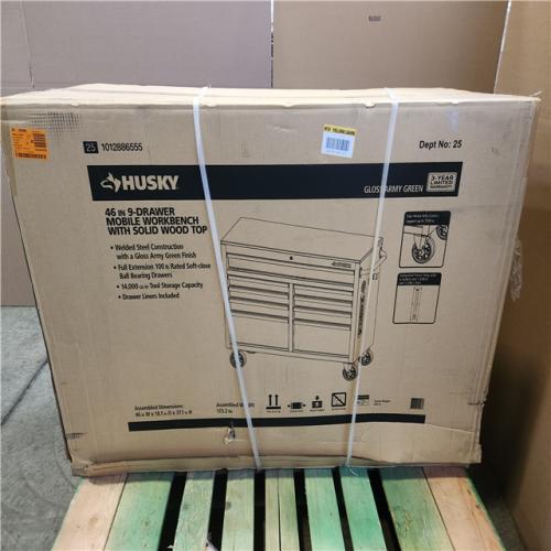 Phoenix Husky 46 in. W x 18.1 in. D 9-Drawer Army Green Mobile Workbench Cabinet with Solid Wood Top