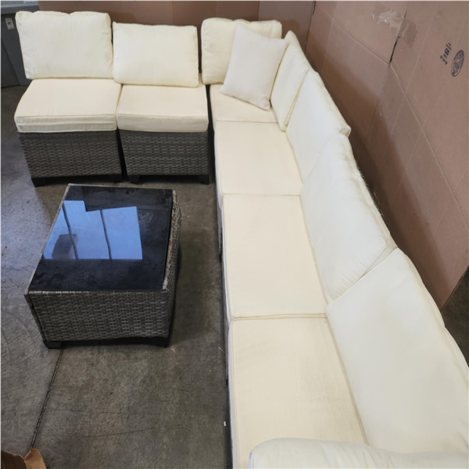 Phoenix JUSKYS GUKOO Gray 7-Piece Wicker Metal Frame Sofa Seating Group with White Cushions and Coffee Table