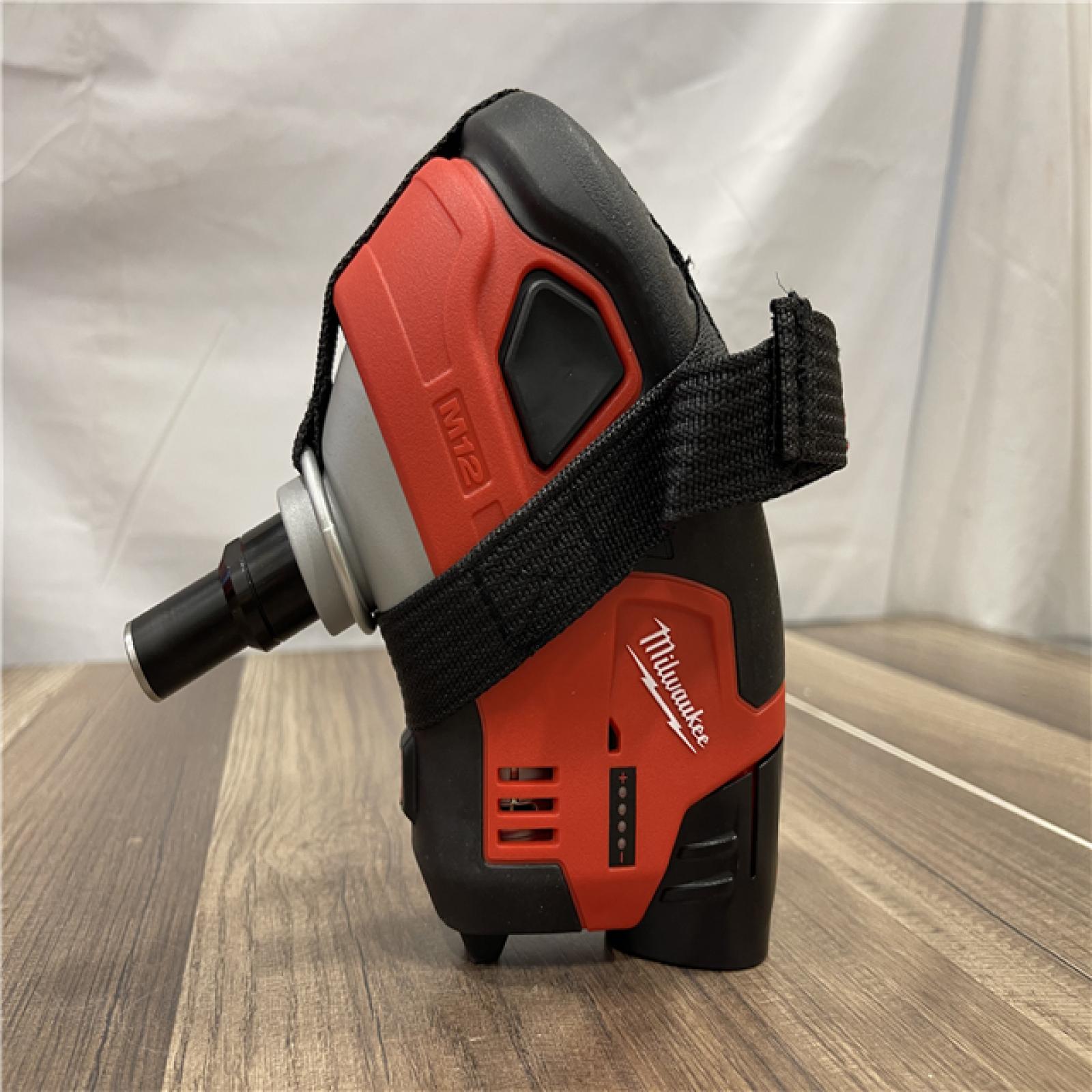 AS-IS Milwaukee M12 12-Volt Lithium-Ion Cordless Palm Nailer Kit with One 1.5Ah Battery  Charger and Tool Bag