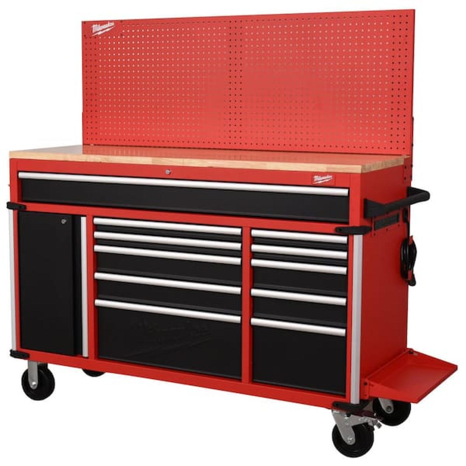 Phoenix NEW Milwaukee High Capacity 61 in. W x 22.1 in D 11-Drawer Mobile Workbench Cabinet with Solid Wood Top and Pegboard