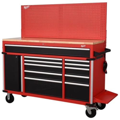 Phoenix NEW Milwaukee High Capacity 61 in. W x 22.1 in D 11-Drawer Mobile Workbench Cabinet with Solid Wood Top and Pegboard