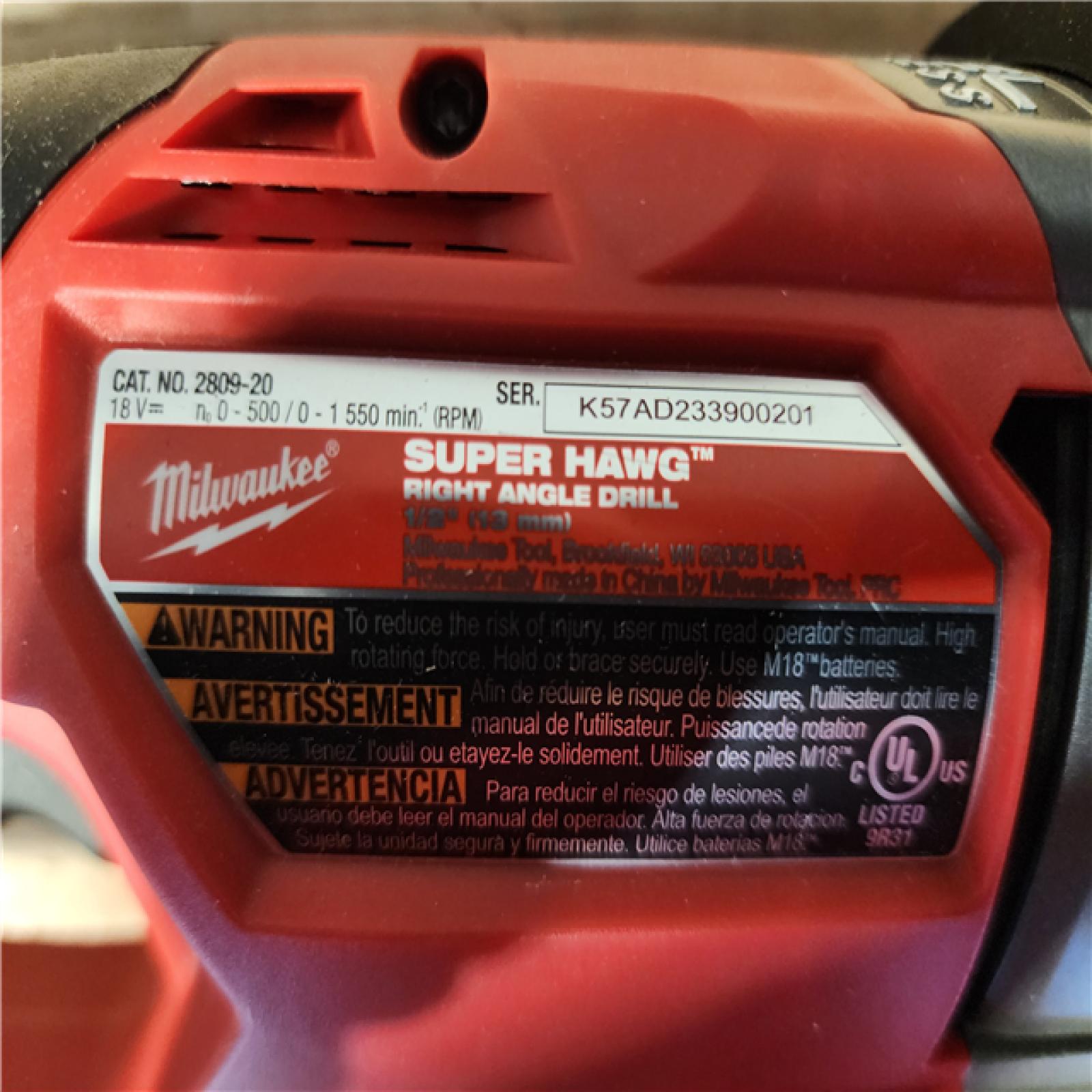 HOUSTON LOCATION - AS-IS Milwaukee FUEL 18V Lithium-Ion Brushless Cordless GEN 2 SUPER HAWG 1/2 in. Right Angle Drill (Tool-Only)
