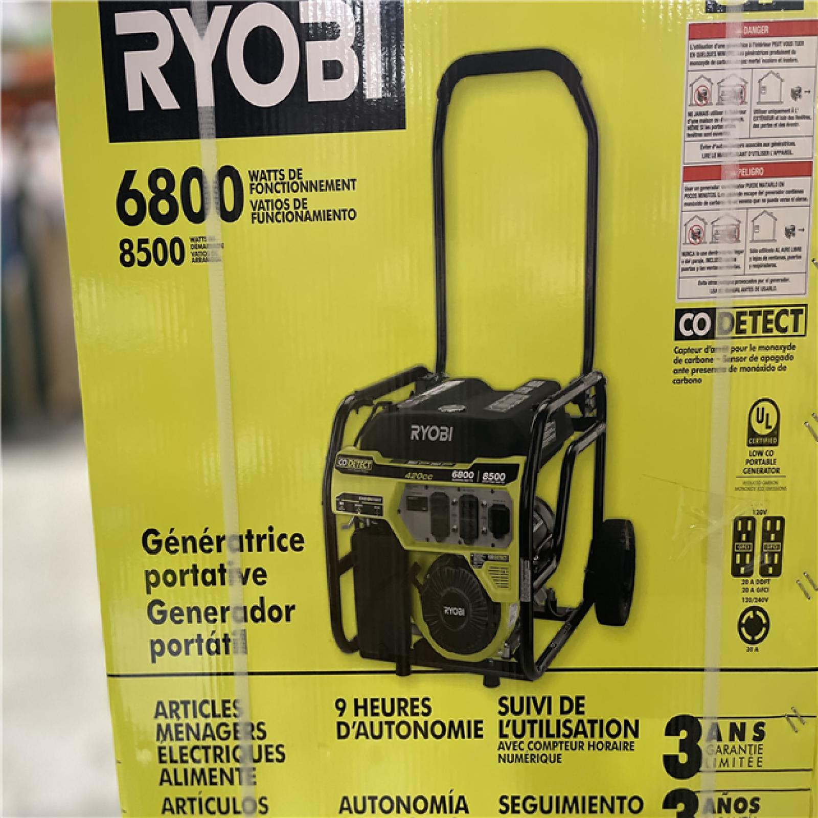 DALLAS LOCATION- NEW!- RYOBI 6800-Watt Recoil Start UL Gasoline Powered Portable Generator with CO Detect Shutdown Sensor