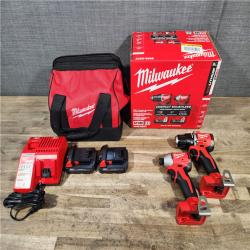 HOUSTON LOCATION - AS-IS Milwaukee M18 18V Lithium-Ion Brushless Cordless Compact Drill/Impact Combo Kit (2-Tool) W/(2) 2.0 Ah Batteries  Charger & Bag