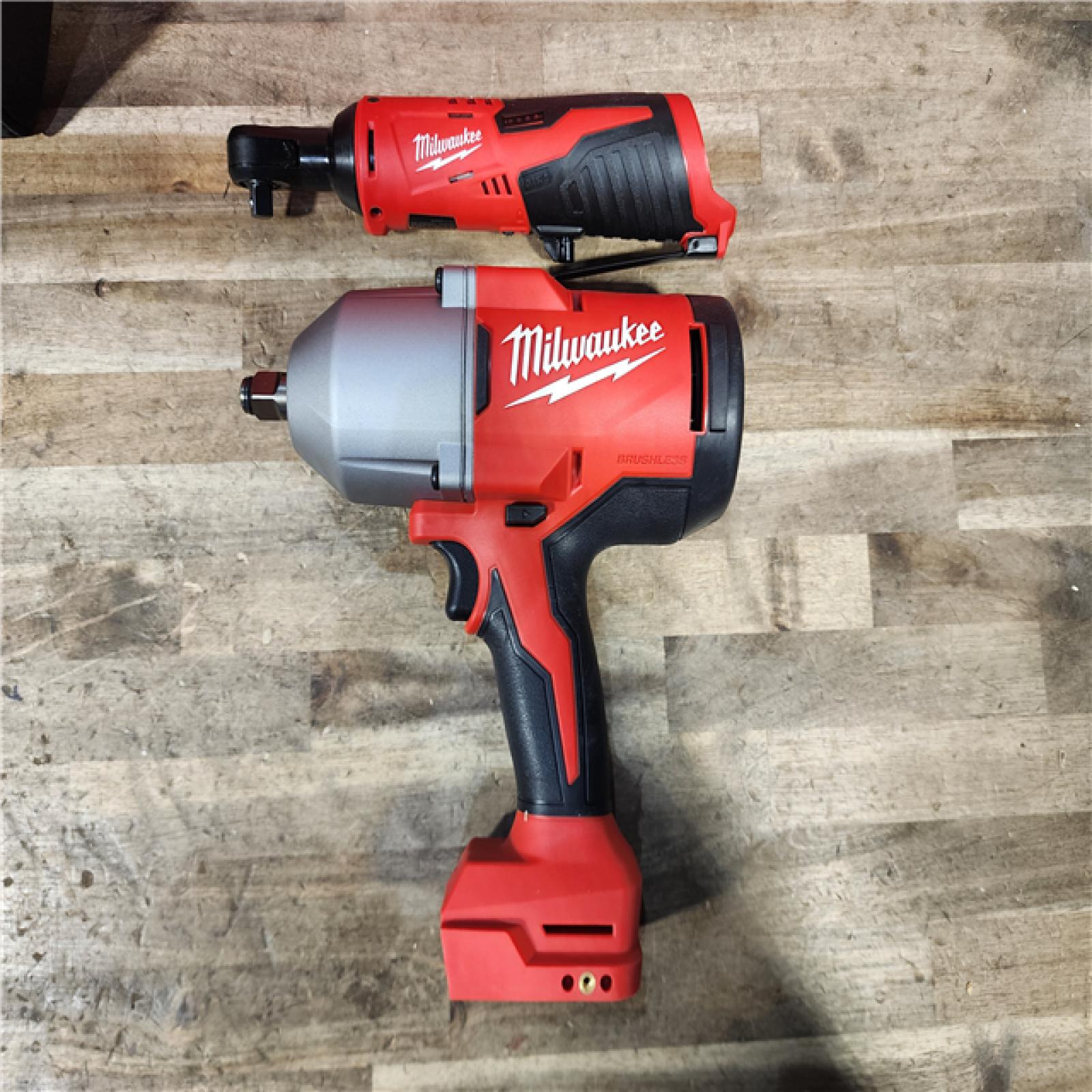 HOUSTON LOCATION - AS-IS Milwaukee 12/18V Lithium-Ion Cordless 3/8 in. Ratchet and 1/2 in. High Torque Impact Wrench with Friction Ring Combo Kit
