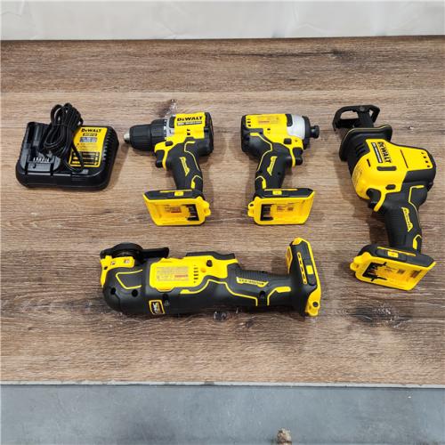 AS-IS DEWALT ATOMIC 20-Volt Lithium-Ion Cordless Brushless Combo Kit (4-Tool)  Charger and Bag battery included