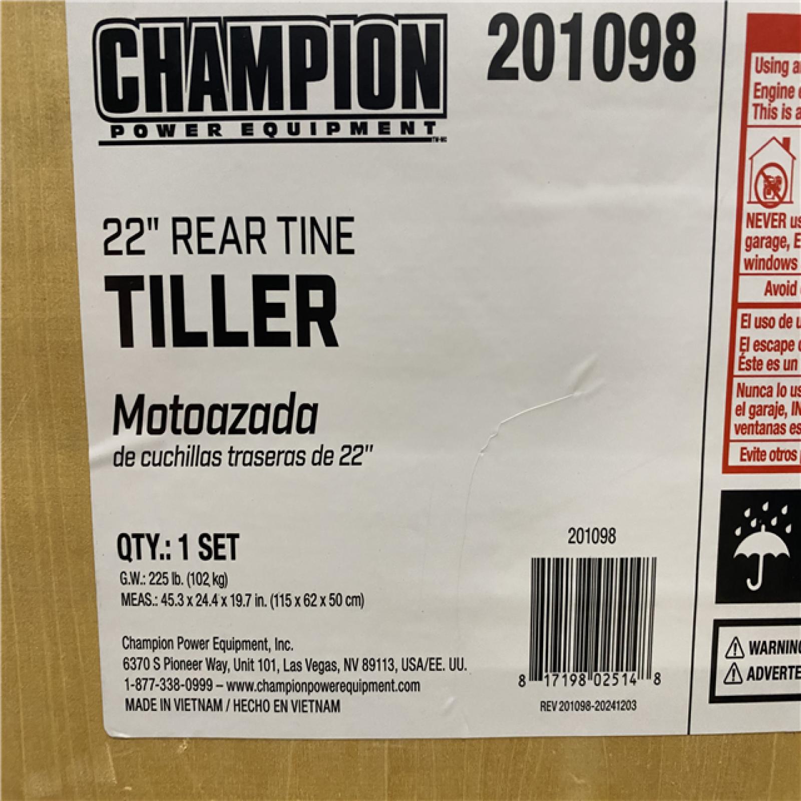 DALLAS LOCATION- LIKE NEW! Champion Power Equipment 22 in. Counter Rotating Gas Rear Tine Tiller with Self-Propelled Agricultural Tires