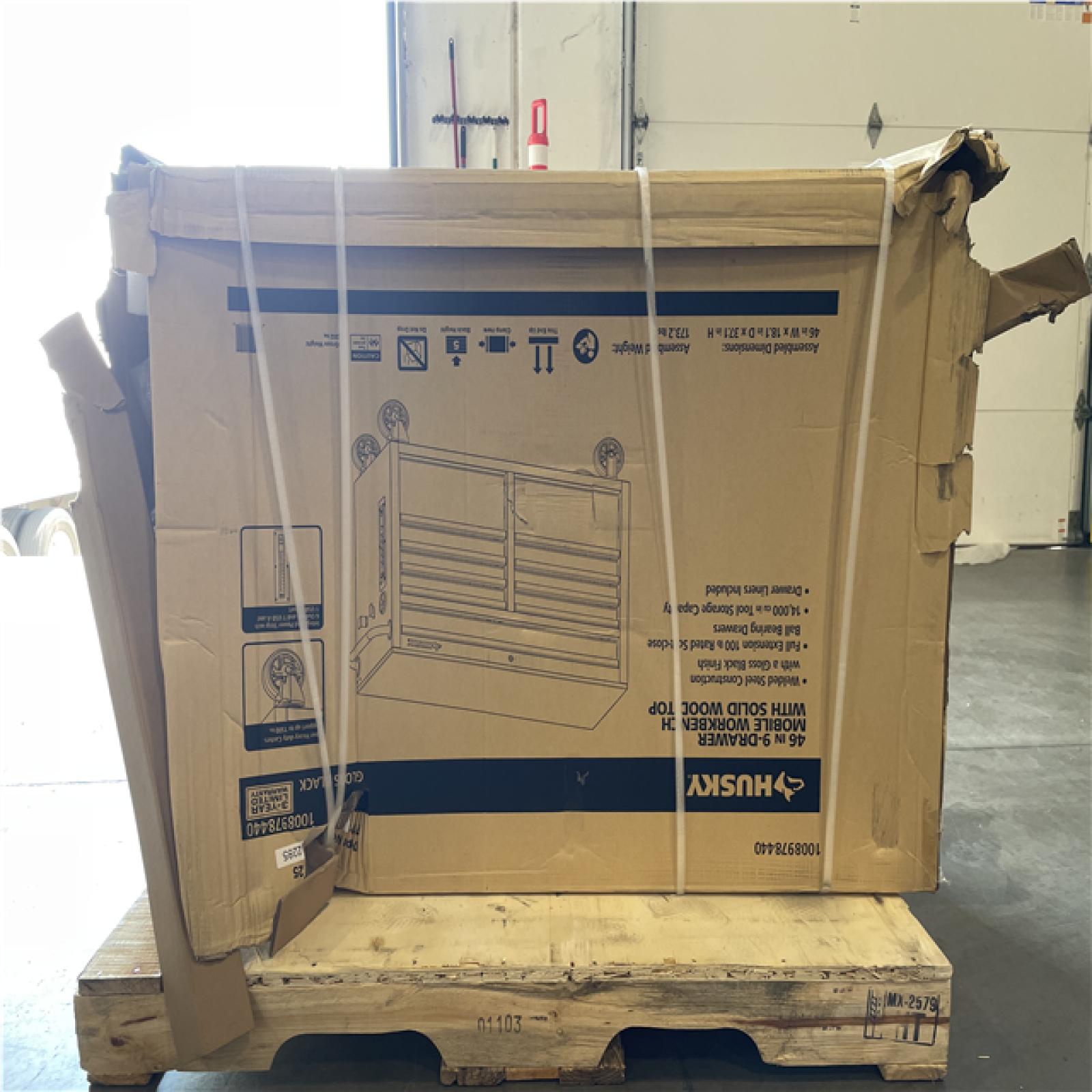DALLAS LOCATION- AS-IS HUSKY 46 in. W x 18 in. D 9-Drawer Mobile Workbench Cabinet Gloss Black/Woodtop