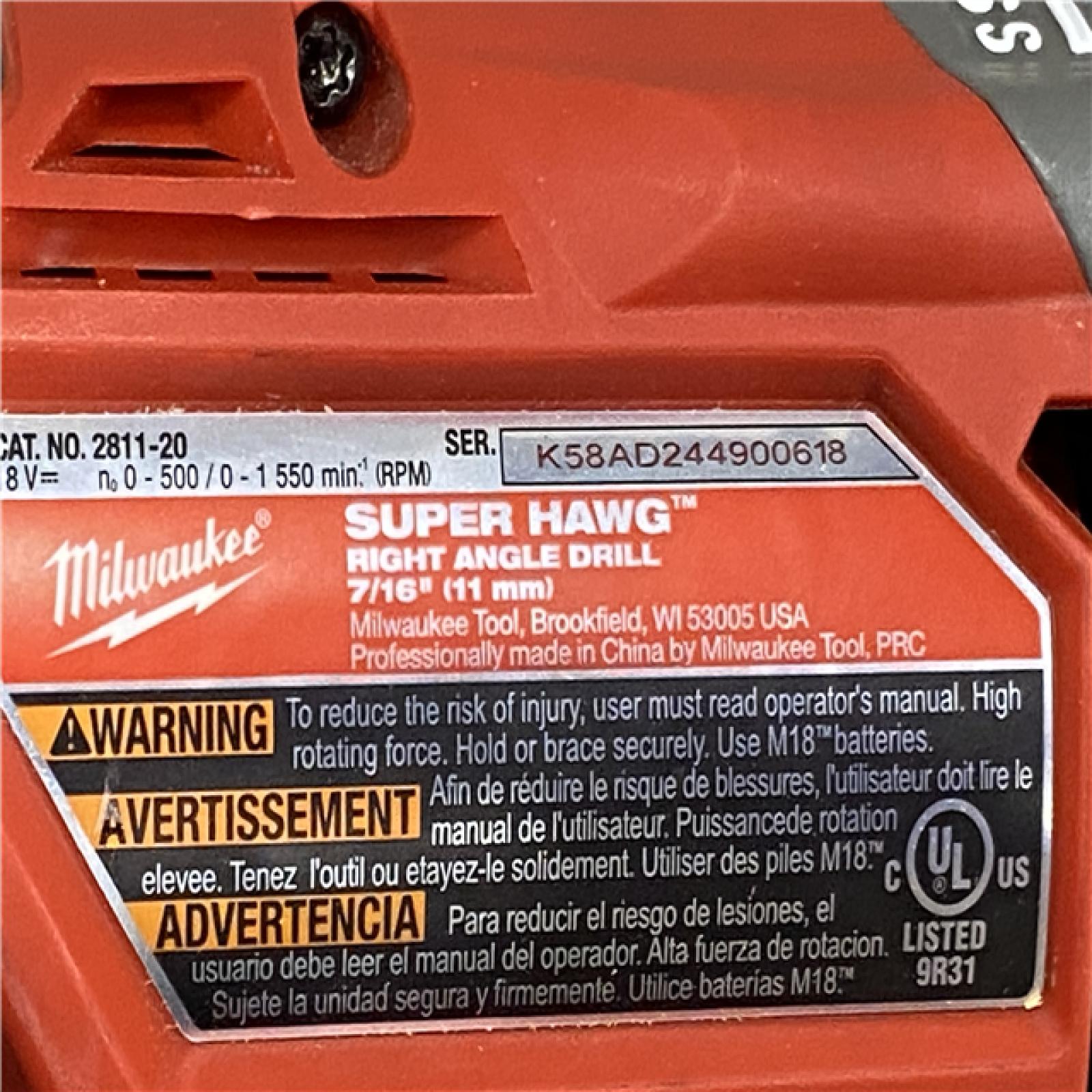 AS-IS Milwaukee FUEL 18V Lithium-Ion Brushless Cordless GEN 2 SUPER HAWG 7/16 in. Right Angle Drill (Tool-Only)