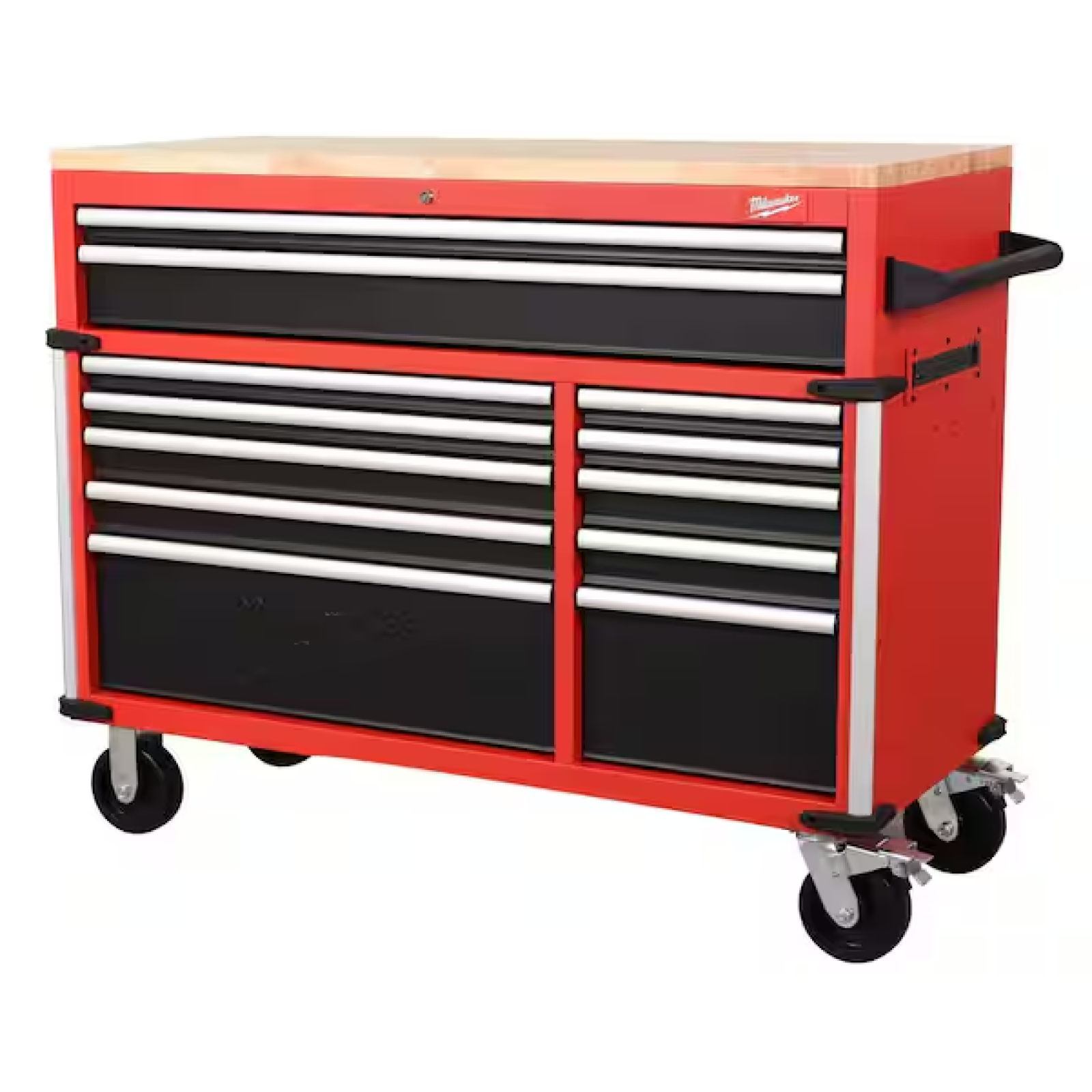 DALLAS LOCATION- AS-IS MILWAUKEE 52 in. W x 22.1 in. D 12-Drawer Mobile Workbench Cabinet w/ WoodTop