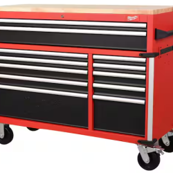 DALLAS LOCATION- AS-IS MILWAUKEE 52 in. W x 22.1 in. D 12-Drawer Mobile Workbench Cabinet w/ WoodTop