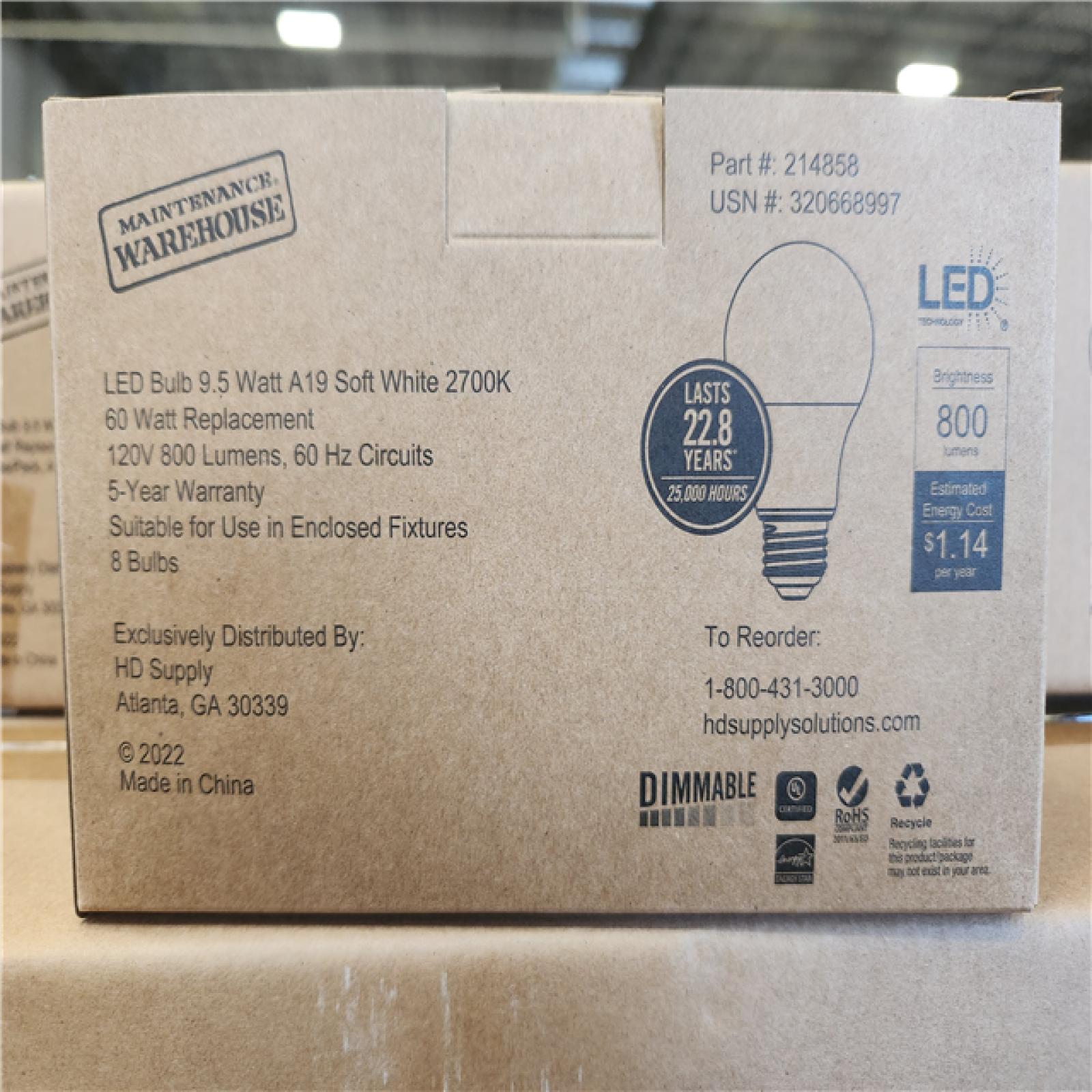 Phoenix NEW LED Bulb 9.5 Watt A19 Soft White 2700K 60 Watt Replacement 8 Bulbs/Pack  4 Total Packs Per Box Pallet (98-Boxes)