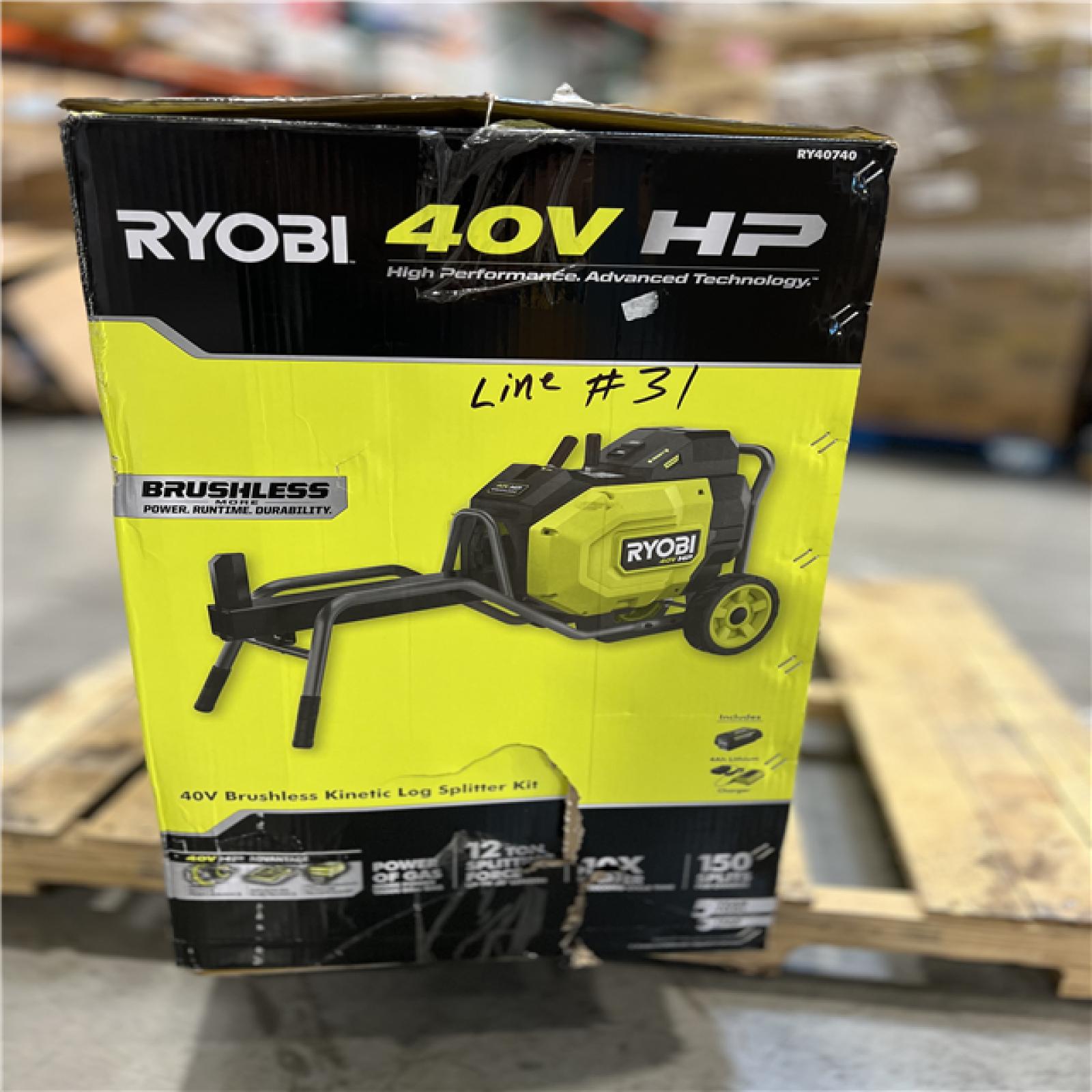 DALLAS LOCATION- NEW! RYOBI 40V HP Brushless 12-Ton Kinetic Battery Electric Log Splitter Kit - 4.0Ah Battery and Charger Included